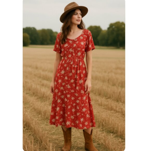Vintage Studio Red VTG SZ 16 Floral Prairie Cottagecore Dress - Picture 1 of 7